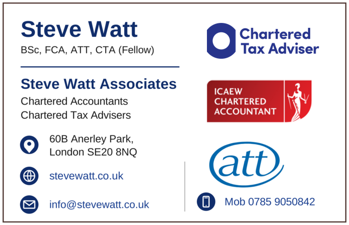 Steve Watt Associates business card, with Chartered Tax Adviser, ICAEW and ATT logos. Contact details are listed alongside.